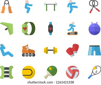 Color flat icon set dumbbell flat vector, barbell, volleyball, skipping rope, carpal expander, athletic shorts, tennis ball, fitball, boxing gloves, roller Skates, Treadmill, gymnastics, squats