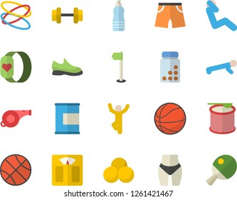 Color flat icon set dumbbell flat vector, whistle, sneakers, basketball, weighing machine, waistline, vitamins, athletic shorts, sports flag, pills, push up, swing press, gymnastics, proteins, water