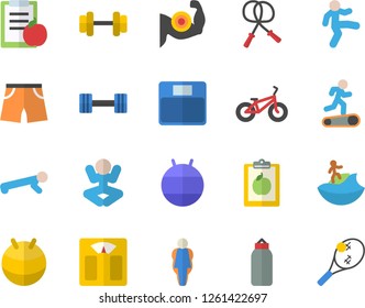 Color flat icon set dumbbell flat vector, diet, weighing machine, muscles, bicycle, skipping rope, sports pear, athletic shorts, fitball, yoga, Treadmill, gymnastics, push up, size, surfing fector