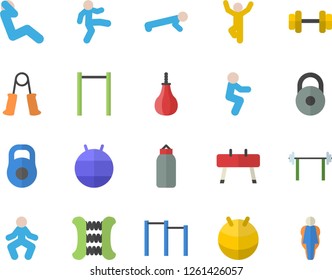 Color flat icon set dumbbell flat vector, barbell, weight, carpal expander, parallel bars, sports equipment horse, pear, fitball, gymnastics, squats, push up, swing press, size