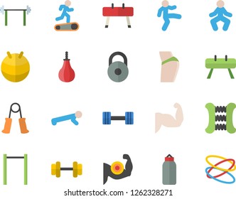 Color flat icon set dumbbell flat vector, barbell, weight, muscles, buttocks, carpal expander, parallel bars, sports equipment horse, pear, fitball, Treadmill, gymnastics, push up, hoop