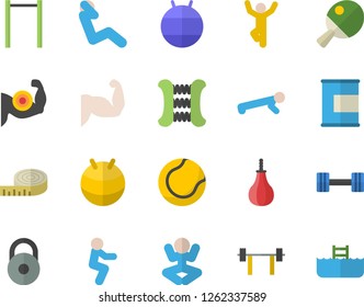 Color flat icon set dumbbell flat vector, barbell, weight, centimeter, muscles, carpal expander, parallel bars, sports pear, tennis ball, fitball, yoga, squats, push up, swing press, gymnastics