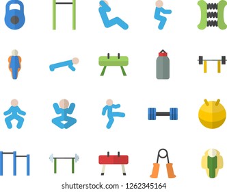 Color flat icon set dumbbell flat vector, barbell, weight, carpal expander, parallel bars, sports equipment horse, pear, fitball, yoga, gymnastics, squats, push up, swing press, size, lose