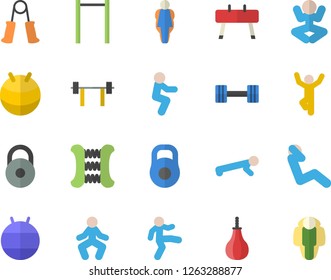 Color flat icon set dumbbell flat vector, barbell, weight, carpal expander, parallel bars, sports equipment horse, pear, fitball, yoga, gymnastics, squats, push up, swing press, size, lose