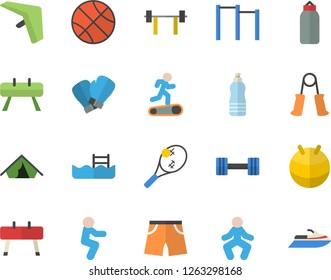 Color flat icon set dumbbell flat vector, barbell, basketball, carpal expander, parallel bars, sports equipment horse, pear, athletic shorts, fitball, boxing gloves, Treadmill, gymnastics, squats