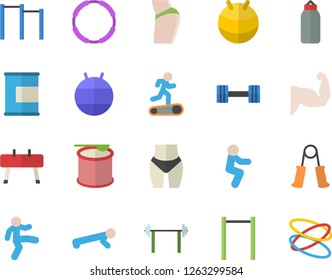 Color flat icon set dumbbell flat vector, barbell, muscles, buttocks, waistline, carpal expander, parallel bars, sports equipment horse, pear, fitball, Treadmill, gymnastics, squats, push up, hoop