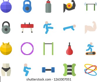 Color flat icon set dumbbell flat vector, barbell, weight, muscles, waistline, carpal expander, parallel bars, sports equipment horse, pear, fitball, Treadmill, gymnastics, squats, push up, hoop