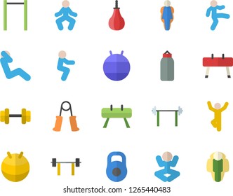 Color flat icon set dumbbell flat vector, barbell, weight, carpal expander, parallel bars, sports equipment horse, pear, fitball, yoga, gymnastics, squats, swing press, size, lose