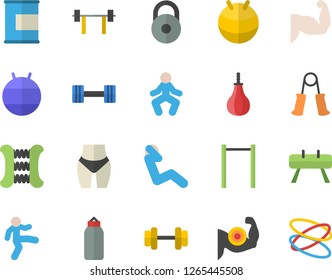 Color flat icon set dumbbell flat vector, barbell, weight, muscles, waistline, carpal expander, parallel bars, sports equipment horse, pear, fitball, gymnastics, swing press, proteins, hoop