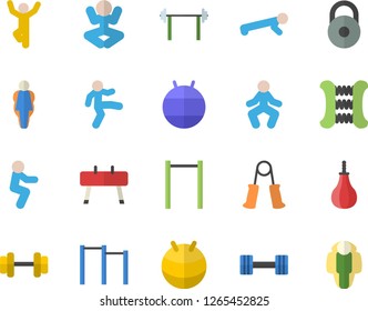 Color flat icon set dumbbell flat vector, barbell, weight, carpal expander, parallel bars, sports equipment horse, pear, fitball, yoga, gymnastics, squats, push up, size, lose