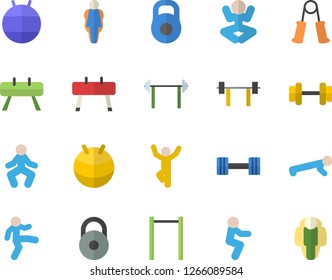 Color flat icon set dumbbell flat vector, barbell, weight, carpal expander, parallel bars, sports equipment horse, fitball, yoga, gymnastics, squats, push up, size, lose