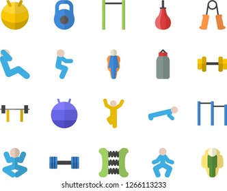 Color flat icon set dumbbell flat vector, barbell, weight, carpal expander, parallel bars, sports pear, fitball, yoga, gymnastics, squats, push up, swing press, size, lose