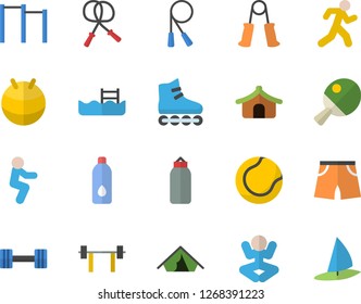 Color flat icon set dumbbell flat vector, barbell, skipping rope, carpal expander, parallel bars, sports pear, athletic shorts, tennis ball, fitball, roller Skates, yoga, squats, run, water, pool