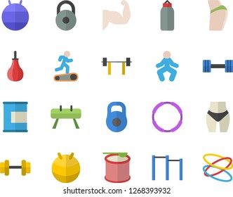 Color flat icon set dumbbell flat vector, barbell, weight, muscles, buttocks, waistline, parallel bars, sports equipment horse, pear, fitball, Treadmill, gymnastics, proteins, steroids, hoop
