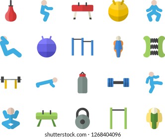Color flat icon set dumbbell flat vector, barbell, weight, carpal expander, parallel bars, sports equipment horse, pear, fitball, yoga, gymnastics, squats, push up, swing press, size, lose