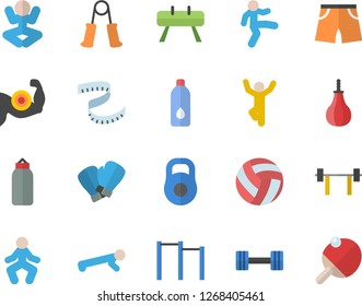 Color flat icon set dumbbell flat vector, barbell, weight, volleyball, centimeter, muscles, carpal expander, parallel bars, sports equipment horse, pear, athletic shorts, boxing gloves, yoga, water