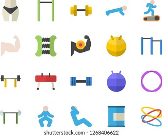 Color flat icon set dumbbell flat vector, barbell, muscles, waistline, carpal expander, parallel bars, sports equipment horse, fitball, Treadmill, gymnastics, push up, swing press, proteins, hoop