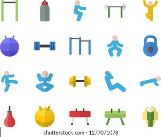 Color flat icon set dumbbell flat vector, barbell, weight, parallel bars, sports equipment horse, pear, fitball, yoga, gymnastics, squats, push up, swing press, lose