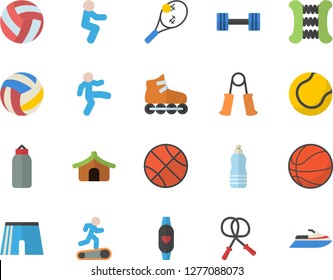 Color flat icon set dumbbell flat vector, basketball, volleyball, skipping rope, carpal expander, sports pear, athletic shorts, tennis ball, roller Skates, Treadmill, gymnastics, squats, water