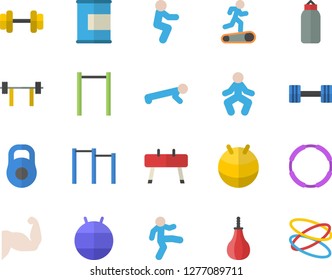 Color flat icon set dumbbell flat vector, barbell, weight, muscles, parallel bars, sports equipment horse, pear, fitball, Treadmill, gymnastics, squats, push up, proteins, hoop