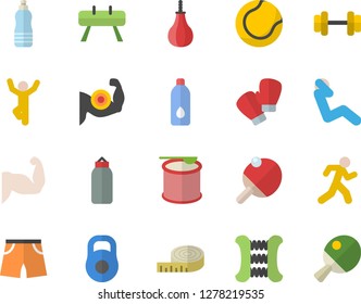 Color flat icon set dumbbell flat vector, weight, centimeter, muscles, carpal expander, sports equipment horse, pear, athletic shorts, tennis ball, boxing gloves, swing press, gymnastics, run, water