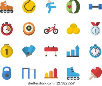 Color flat icon set dumbbell flat vector, weight, medal, achievement chart, bicycle, stopwatch, parallel bars, sports equipment horse, tennis ball, boxing gloves, roller Skates, target, pills, table