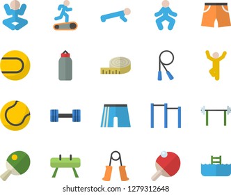 Color flat icon set dumbbell flat vector, barbell, centimeter, skipping rope, carpal expander, parallel bars, sports equipment horse, pear, athletic shorts, tennis ball, yoga, Treadmill, gymnastics