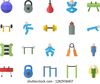 Color flat icon set dumbbell flat vector, barbell, weight, carpal expander, parallel bars, sports equipment horse, pear, fitball, yoga, gymnastics, push up, size, lose