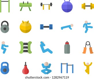 Color flat icon set dumbbell flat vector, barbell, weight, carpal expander, parallel bars, sports equipment horse, pear, fitball, yoga, gymnastics, squats, push up, swing press