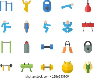 Color flat icon set dumbbell flat vector, barbell, weight, carpal expander, parallel bars, sports equipment horse, pear, fitball, yoga, gymnastics, squats, push up, size, lose