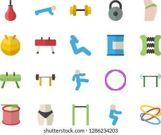 Color flat icon set dumbbell flat vector, barbell, weight, buttocks, waistline, carpal expander, parallel bars, sports equipment horse, pear, fitball, gymnastics, squats, push up, swing press, hoop