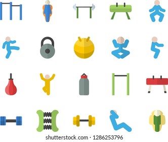 Color flat icon set dumbbell flat vector, barbell, weight, carpal expander, parallel bars, sports equipment horse, pear, fitball, yoga, gymnastics, squats, swing press, size, lose