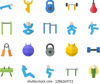 Color flat icon set dumbbell flat vector, barbell, weight, carpal expander, parallel bars, sports equipment horse, pear, fitball, yoga, gymnastics, squats, push up, swing press, lose