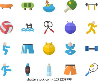 Color flat icon set dumbbell flat vector, barbell, skateboard, volleyball, skipping rope, athletic shorts, fitball, yoga, gymnastics, squats, run, water, pool, fitness bracelet, table tennis