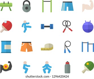 Color flat icon set dumbbell flat vector, weight, centimeter, muscles, skipping rope, parallel bars, sports equipment horse, pear, athletic shorts, fitball, gymnastics, squats, proteins