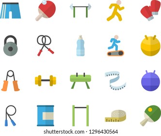 Color flat icon set dumbbell flat vector, barbell, weight, centimeter, skipping rope, carpal expander, parallel bars, sports equipment horse, athletic shorts, fitball, boxing gloves, Treadmill, run