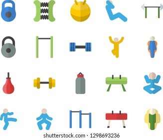 Color flat icon set dumbbell flat vector, barbell, weight, carpal expander, parallel bars, sports equipment horse, pear, fitball, yoga, gymnastics, swing press, size, lose