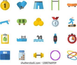Color flat icon set dumbbell flat vector, medal, skateboard, diet, weighing machine, vitamins, stopwatch, parallel bars, athletic shorts, boxing gloves, pills, Treadmill, push up, pool, hoop