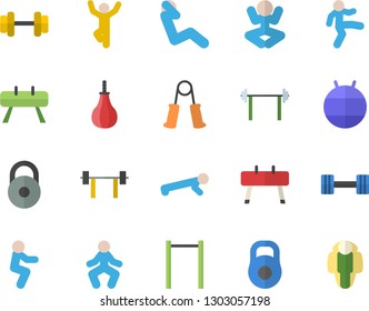 Color flat icon set dumbbell flat vector, barbell, weight, carpal expander, parallel bars, sports equipment horse, pear, fitball, yoga, gymnastics, squats, push up, swing press, lose