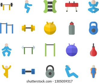 Color flat icon set dumbbell flat vector, barbell, weight, carpal expander, parallel bars, sports equipment horse, pear, fitball, yoga, gymnastics, squats, swing press, size