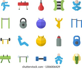 Color flat icon set dumbbell flat vector, barbell, weight, carpal expander, parallel bars, sports equipment horse, pear, fitball, yoga, gymnastics, swing press, lose