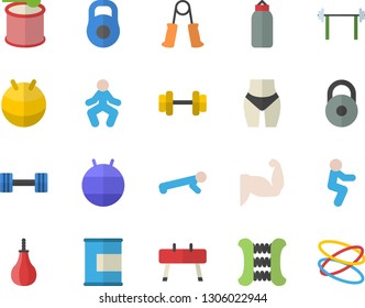 Color flat icon set dumbbell flat vector, barbell, weight, muscles, waistline, carpal expander, sports equipment horse, pear, fitball, gymnastics, squats, push up, proteins, steroids, hoop