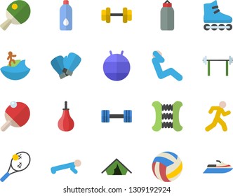 Color flat icon set dumbbell flat vector, barbell, volleyball, carpal expander, sports pear, fitball, boxing gloves, roller Skates, push up, swing press, run, water, table tennis, tent vector