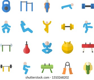 Color flat icon set dumbbell flat vector, barbell, weight, carpal expander, parallel bars, sports equipment horse, pear, fitball, yoga, gymnastics, squats, push up, swing press, size, lose