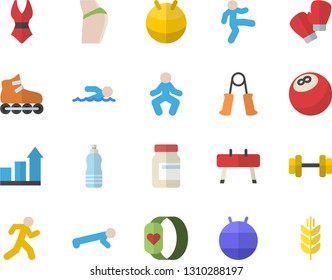 Color flat icon set dumbbell flat vector, bowling ball, achievement chart, buttocks, vitamins, carpal expander, sports equipment horse, fitball, boxing gloves, swimsuit, roller Skates, swimming, run