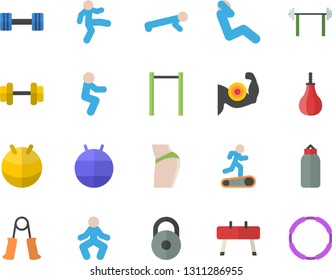 Color flat icon set dumbbell flat vector, barbell, weight, muscles, buttocks, carpal expander, parallel bars, sports equipment horse, pear, fitball, Treadmill, gymnastics, squats, push up, hoop