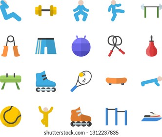Color flat icon set dumbbell flat vector, barbell, skateboard, skipping rope, carpal expander, parallel bars, sports equipment horse, pear, athletic shorts, tennis ball, fitball, roller Skates