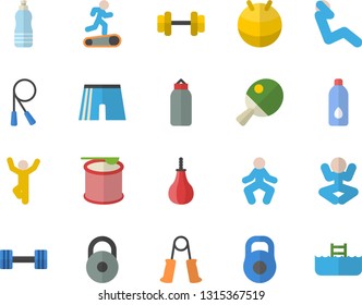 Color flat icon set dumbbell flat vector, weight, skipping rope, carpal expander, sports pear, athletic shorts, fitball, yoga, Treadmill, gymnastics, swing press, steroids, water, table tennis