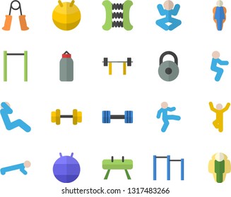 Color flat icon set dumbbell flat vector, barbell, weight, carpal expander, parallel bars, sports equipment horse, pear, fitball, yoga, gymnastics, squats, push up, swing press, size, lose