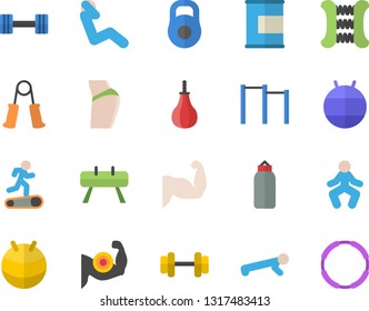 Color flat icon set dumbbell flat vector, weight, muscles, buttocks, carpal expander, parallel bars, sports equipment horse, pear, fitball, Treadmill, gymnastics, push up, swing press, proteins